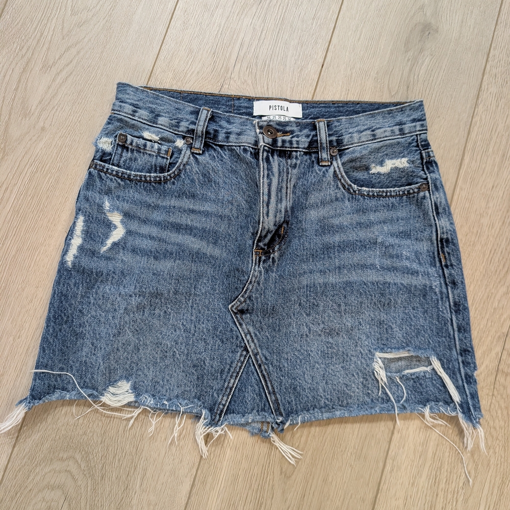 PISTOLA Distressed Denim Mini Skirt With Frayed Hem